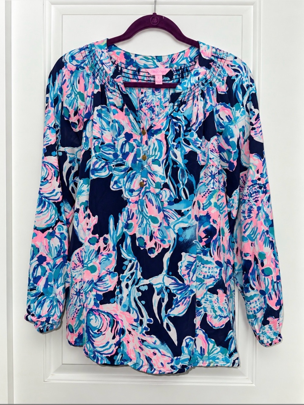 Lilly Pulitzer Elsa Silk Top Navy Floral - Pink & Turquoise